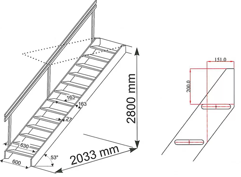 Вот пример стационарной чердачной лестницы в простом чертеже